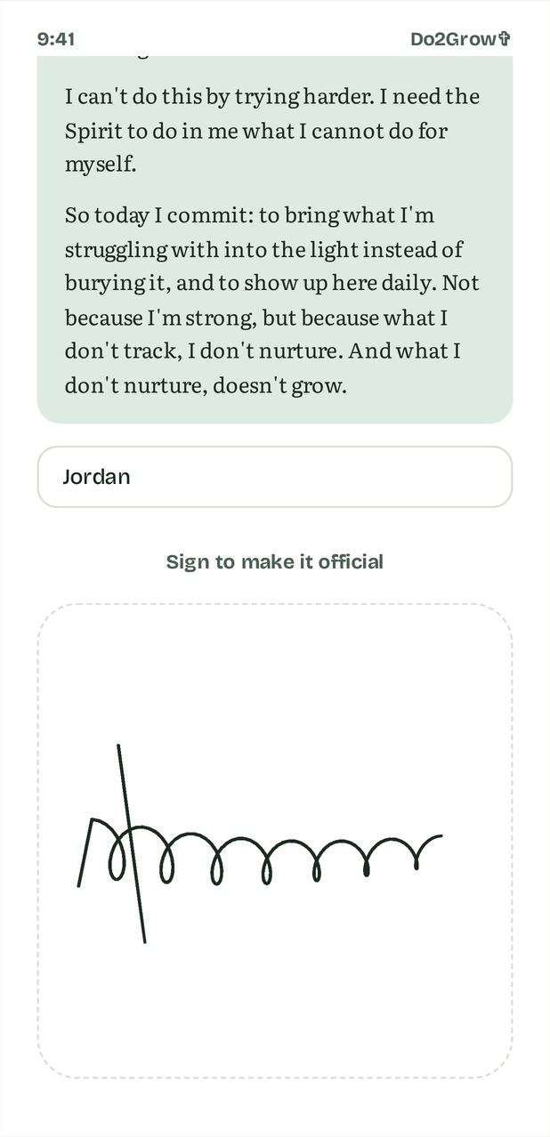 Signed commitment screen with the name Jordan and a signature