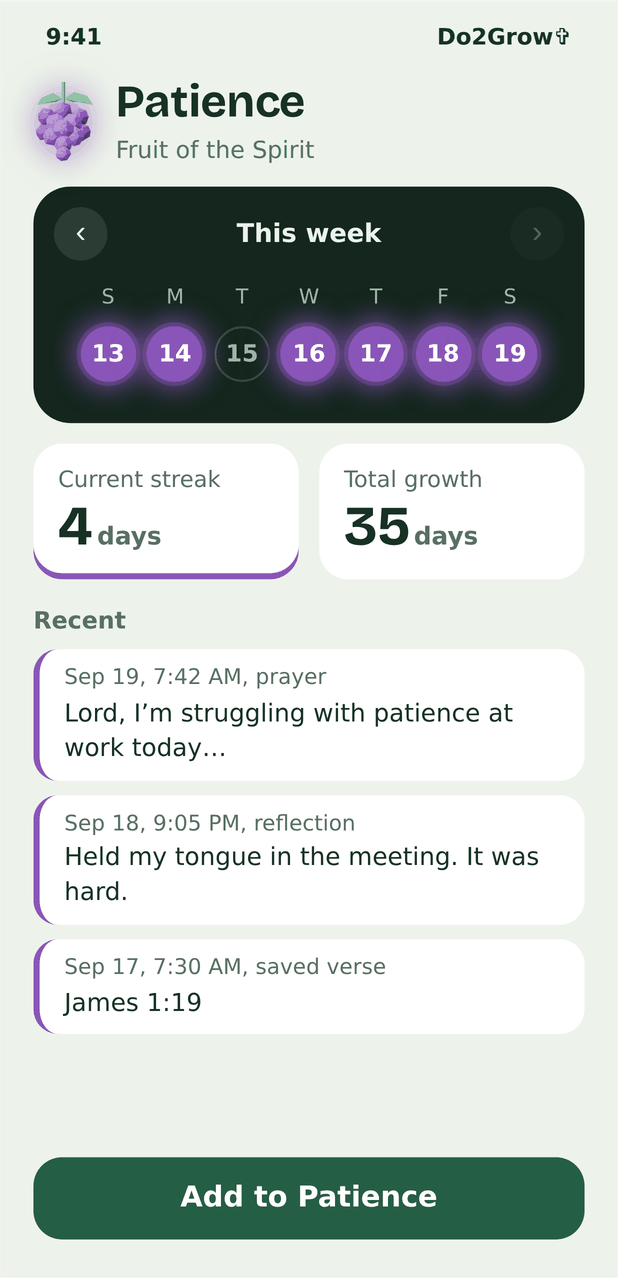 Patience fruit record: this week, a 4-day streak, 35 days of growth and recent logs