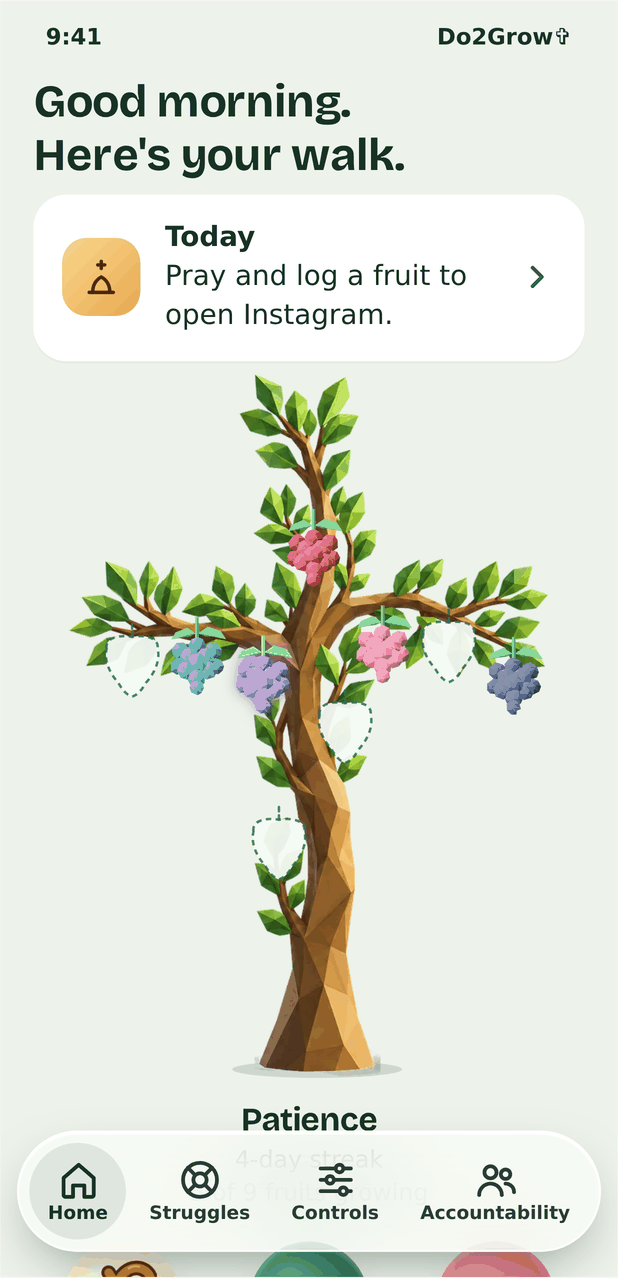 Home screen: Good morning, here's your walk, with the Today card and the fruit tree
